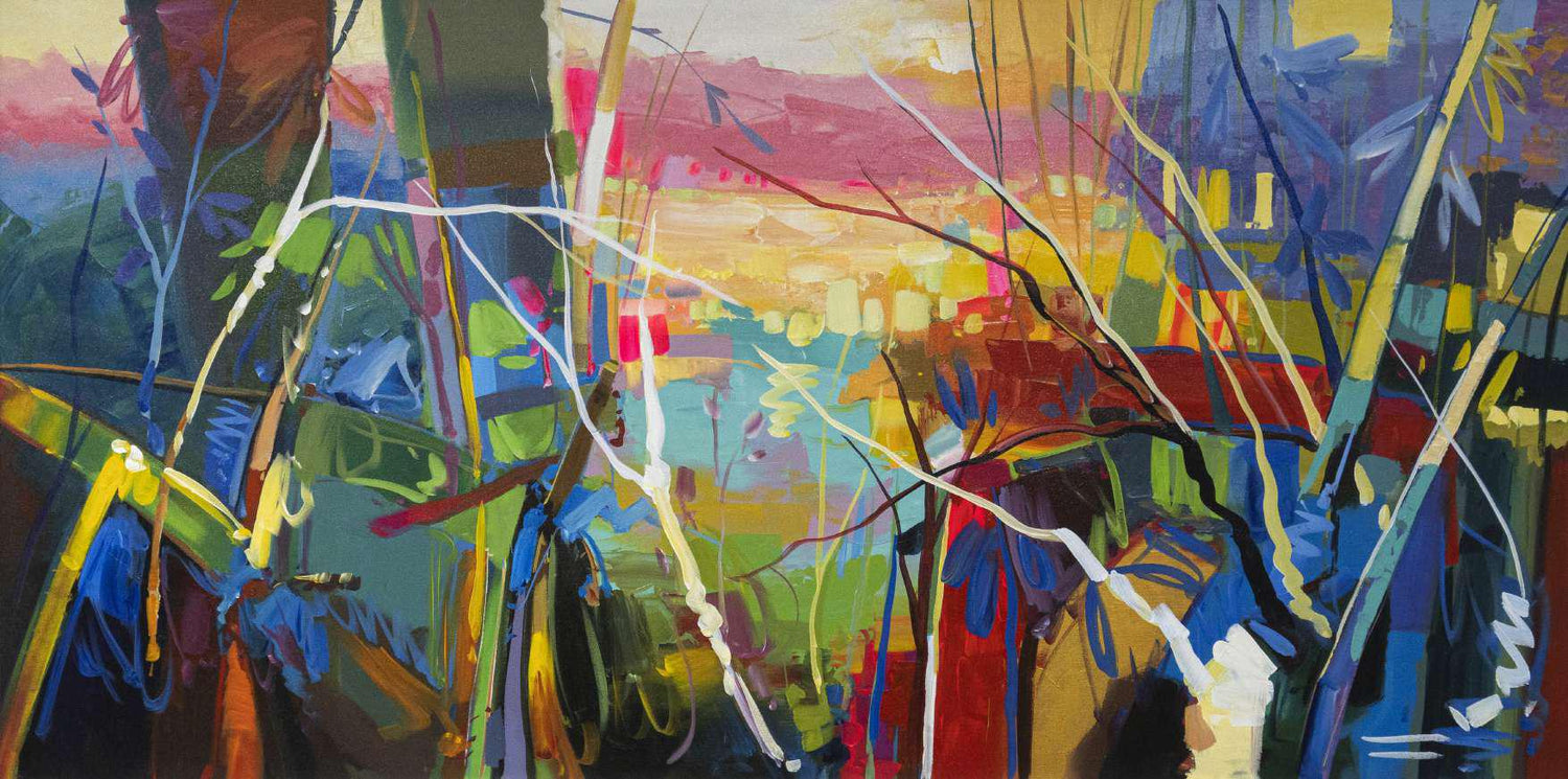 acrylic on canvas painting, framed, colorful, colombian artist, sunset, sticks