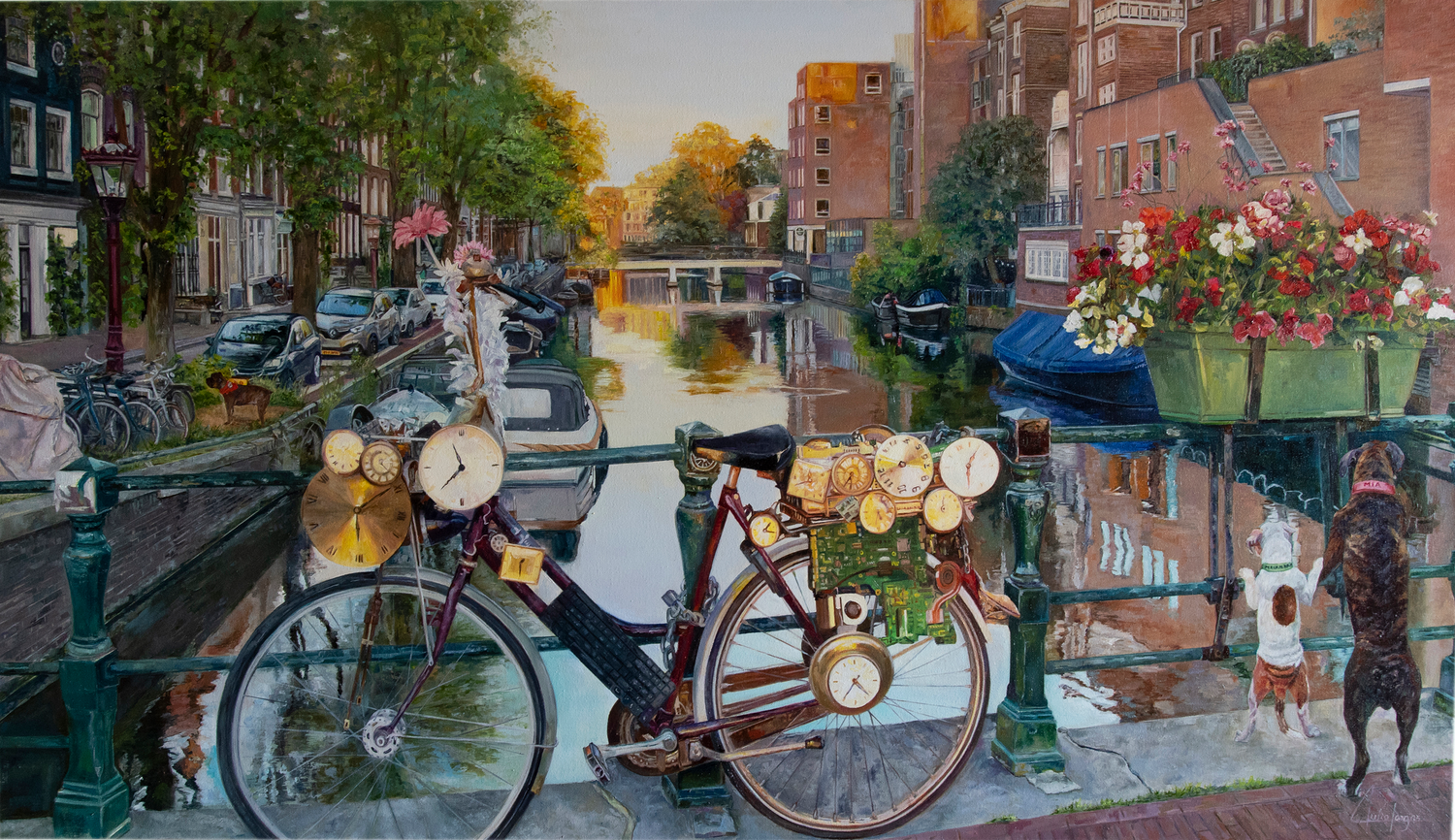 Amsterdam painting with our pets added, bike, flowers, venice canals, boxer dog, iol on canvas, floated frame
