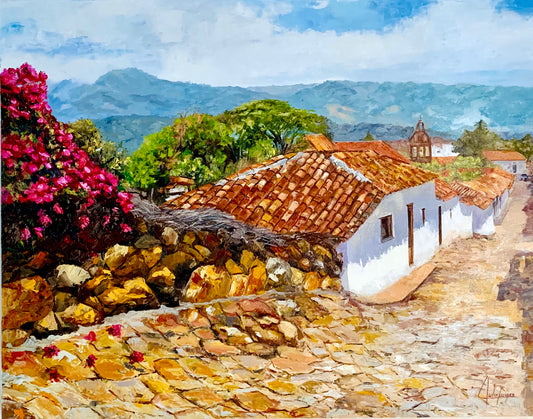 painting oil on canvas, floated frame, paints for sale in florida, colombian painter, barichara, little town in colombia, barichara town, flowers, old houses