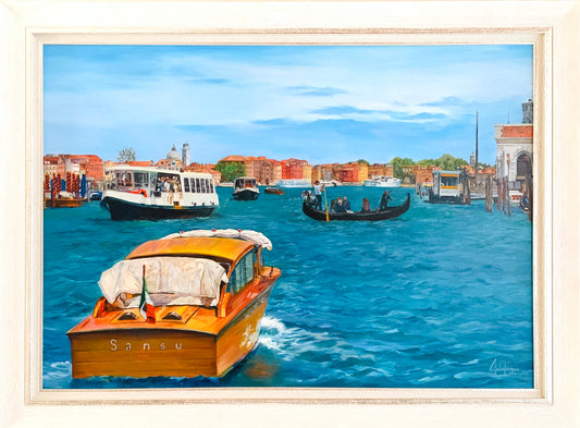 painting oil on canvas, floated frame, paints for sale in florida, colombian painter, Venice, boat in Venice, Cruising in Venice, Sansu, love boat