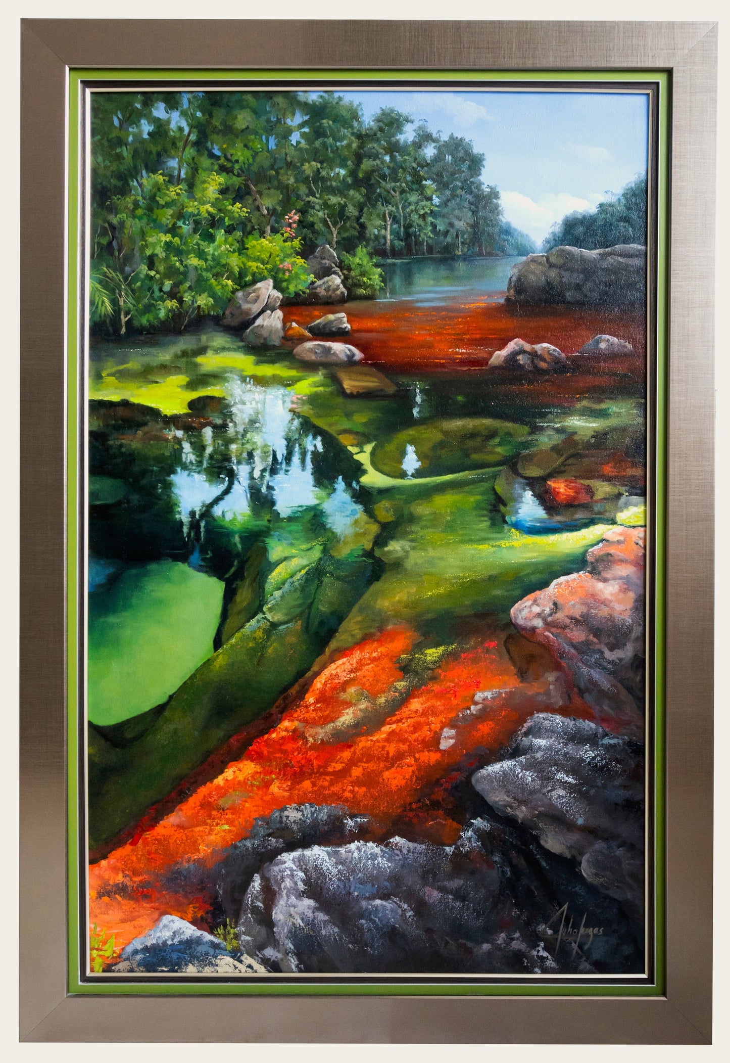 painting oil on canvas, floated frame, paints for sale in florida, colombian painter, Caño cristales, Colombian beauty, river in Colombia, colors in a river, 7 color river