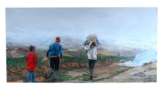 Cebolleros in Berlin Colombia, farmers recollecting onions, green onions sprouts, painting oil on canvas, floated frame, paints for sale in florida, colombian painter