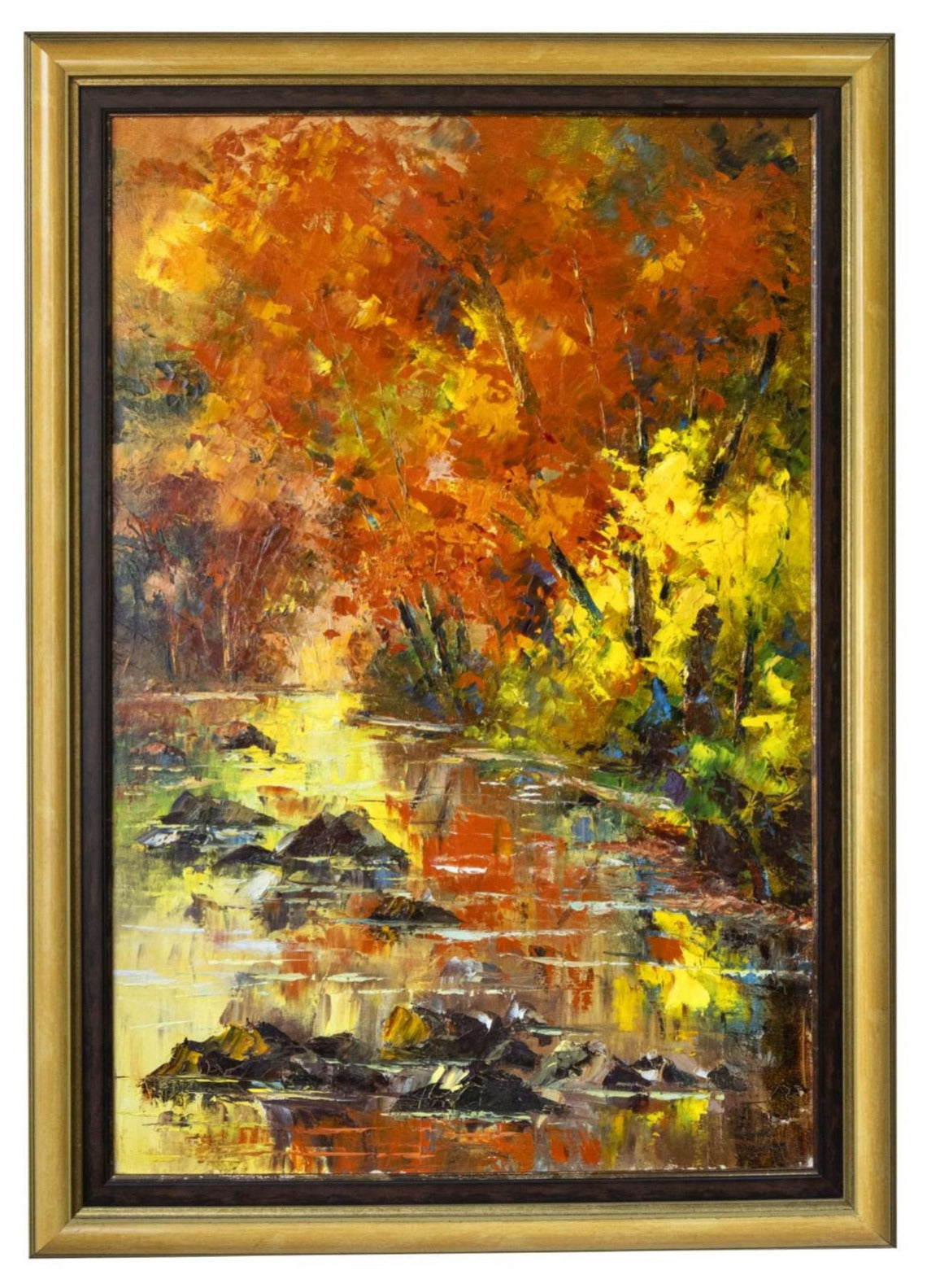 painting oil on canvas, floated frame, paints for sale in florida, colombian painter, creek in the woods, yellow sunset, river