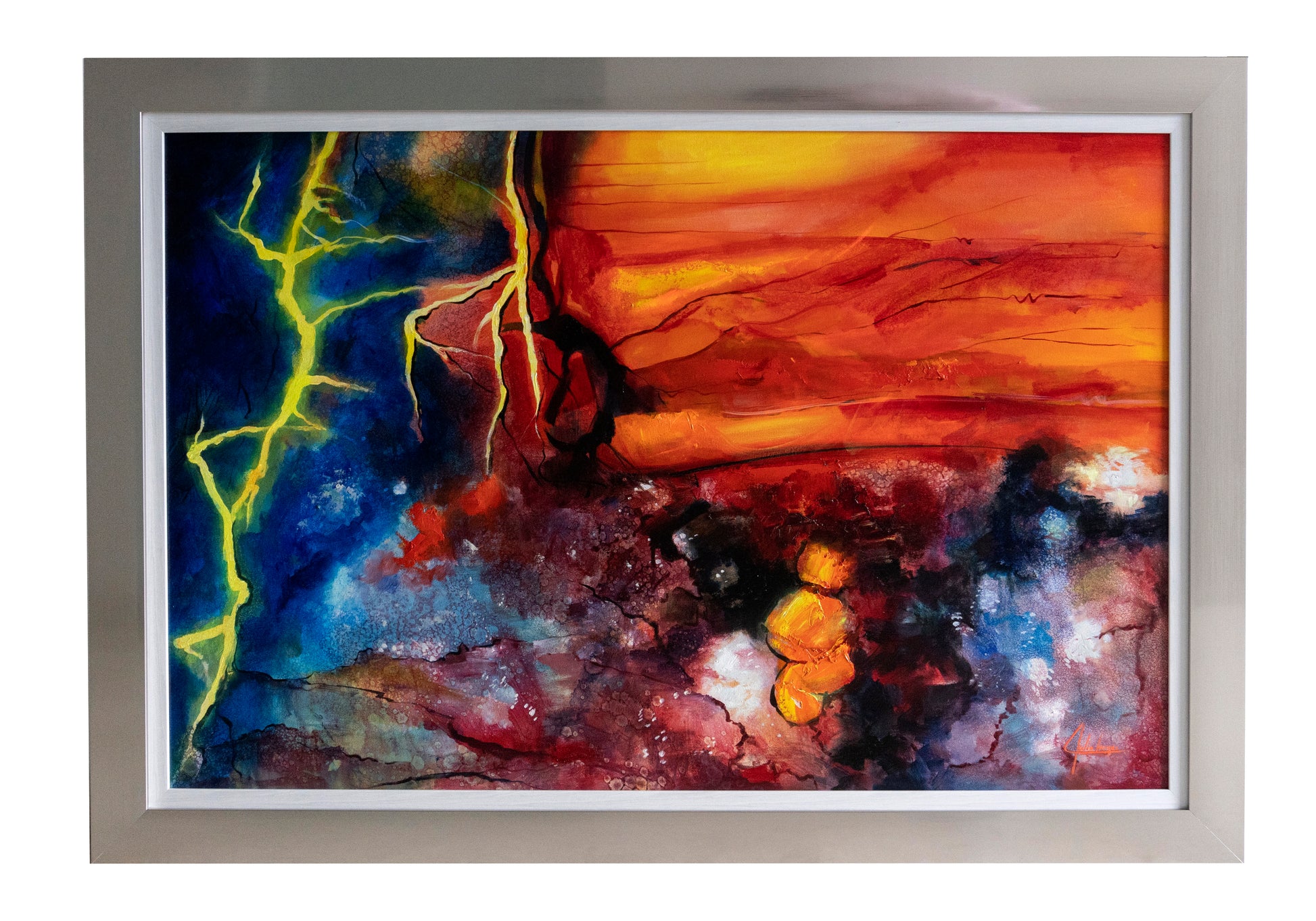 Lighting strikes, abstract painting, framed, colors, natural colors, painting oil on canvas, floated frame, paints for sale in florida, colombian painter