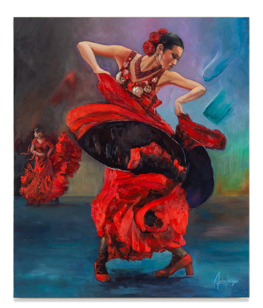 painting acrylic on canvas, floated frame, paints for sale in florida, colombian painter, red, free dance, Flamenco, 