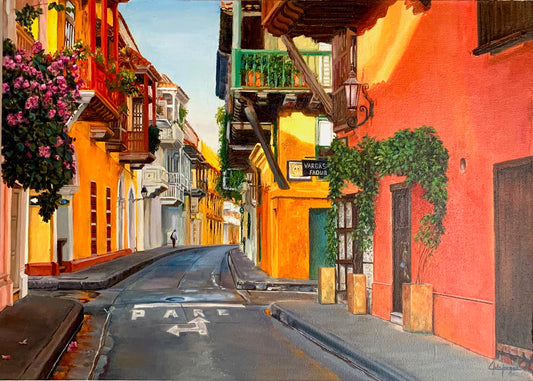 painting oil on canvas, floated frame, paints for sale in florida, colombian painter, colombian street, cartagena street, flowers in spring, 