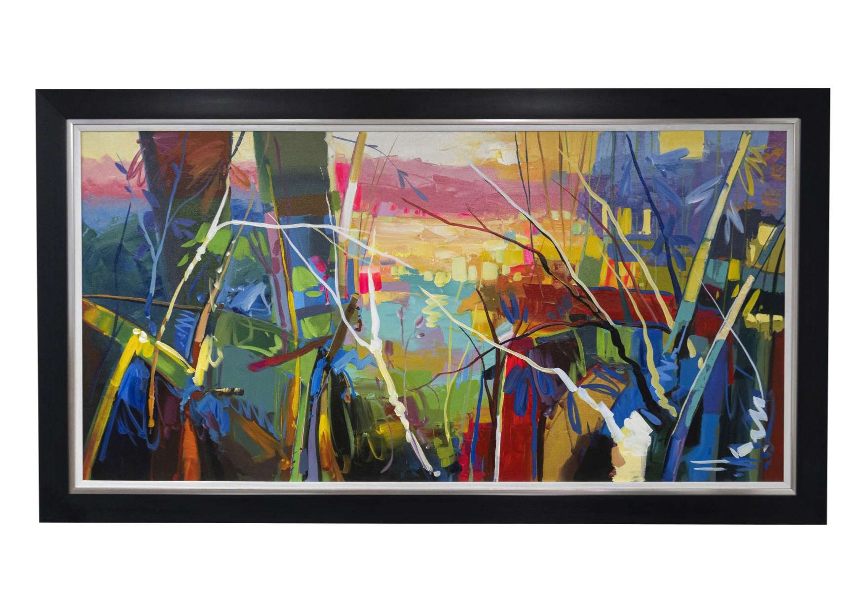 Sunset at the everglades, abstract painting based on an everglade view of the sunset, multiple colors, painting Acrylic on canvas, framed, paints for sale in florida, colombian painter