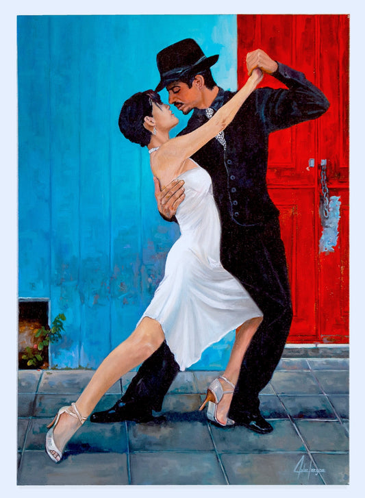 Tango dancers, woman and man, withe dree, black suit, dancing tango, Acrylic painting on canvas, floated frame, paints for sale in florida, colombian painter
