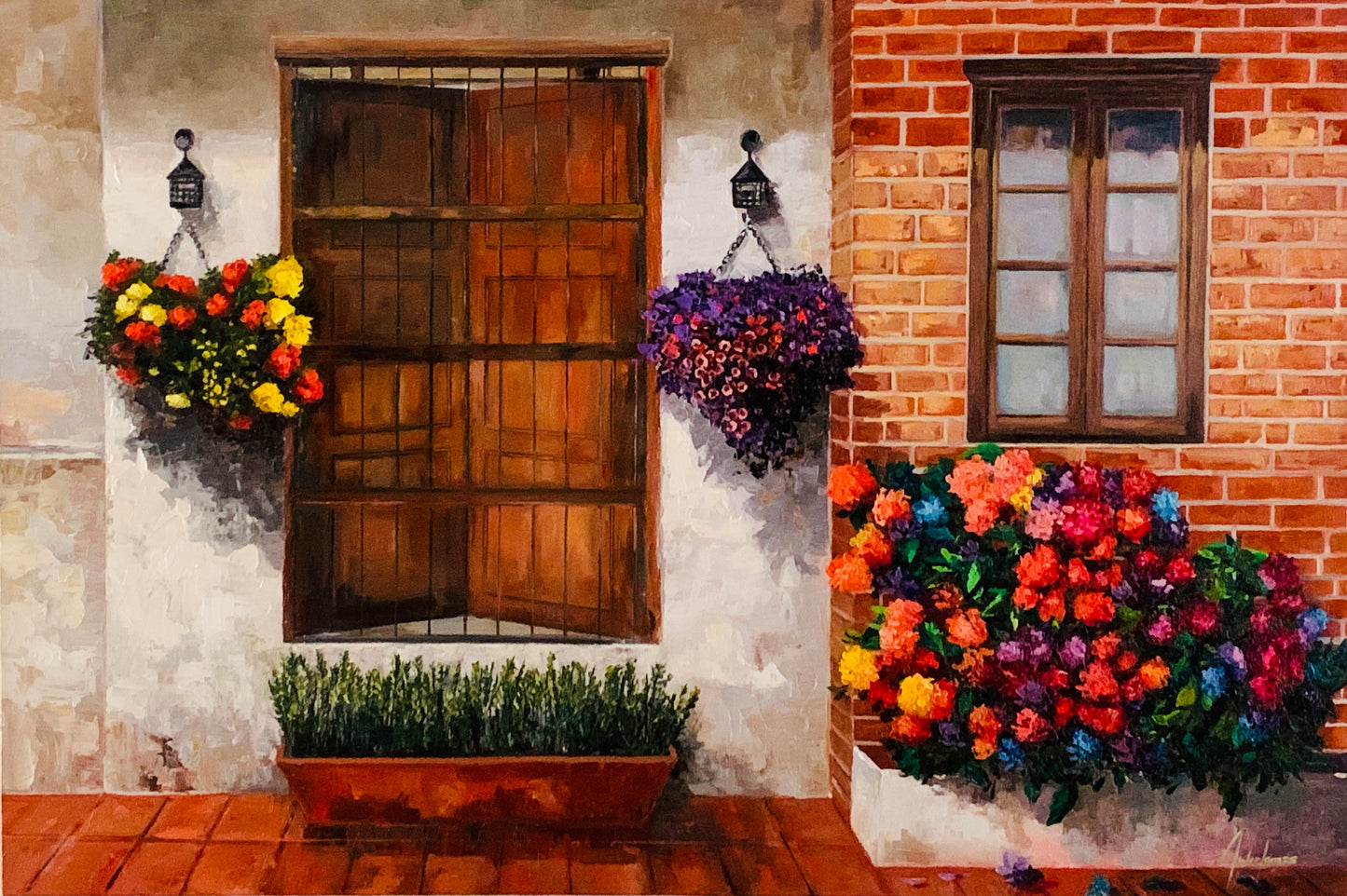 painting oil on canvas, floated frame, paints for sale in florida, colombian painter, tonys restaurant window, flowers, rosemary, country chouse, colonial colombian house