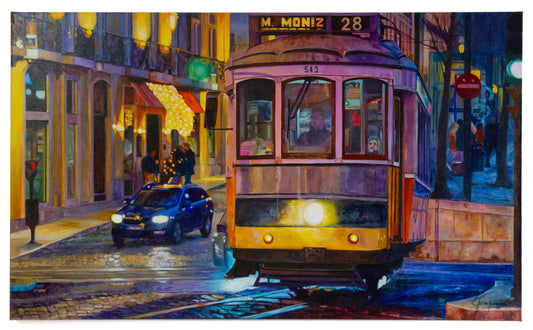 Lisbon tram picture, moniz, brushes, colors, night, painting oil on canvas, floated frame, paints for sale in florida, colombian painter