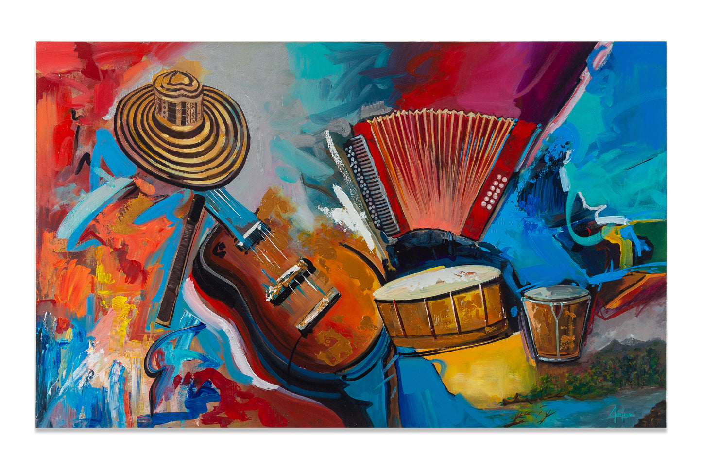 acrylic painting on canvas, floated frame, paints for sale in florida, colombian painter, vallenato instruments, abstact painting, sombrero vueltiao, acordeon, guitarra, tamboras