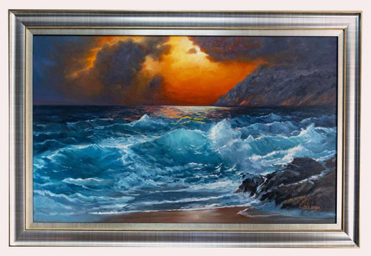 painting oil on canvas, framed, paints for sale in florida, colombian painter, sunset at the beach, beach views, orange and blue