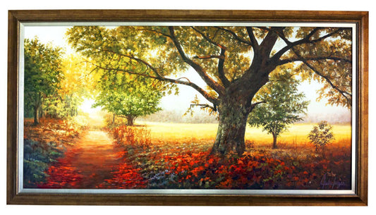 painting oil on canvas, frames painting, paints for sale in florida, colombian painter, big tree in the middle of a road, autumn colors